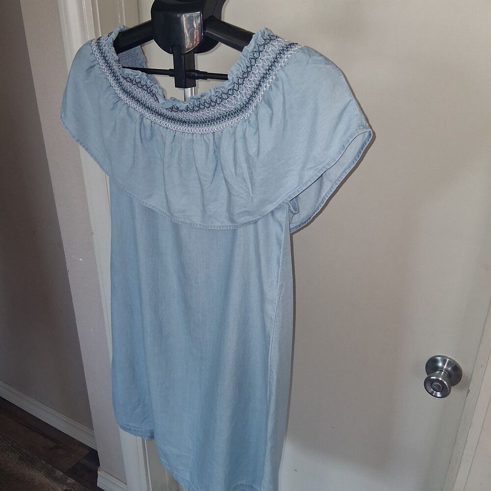 Cache Cache Blue Chambray Off Shoulder Smocked Ruffle Mini Shift Dress Euro 36/4 - Picture 7 of 11